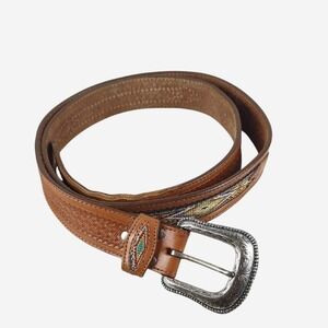 Vintage Wrangler‎ 100% Top Grain Brown Leather Western Belt with Silver Buckle